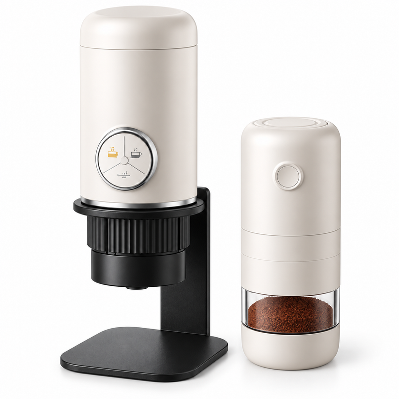 Conjunto completo de máquina de café, suporte preto e moinho branco