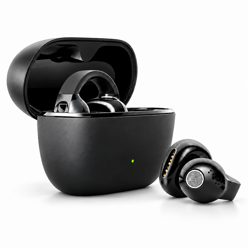 Auriculares preto com caixa de carregamento