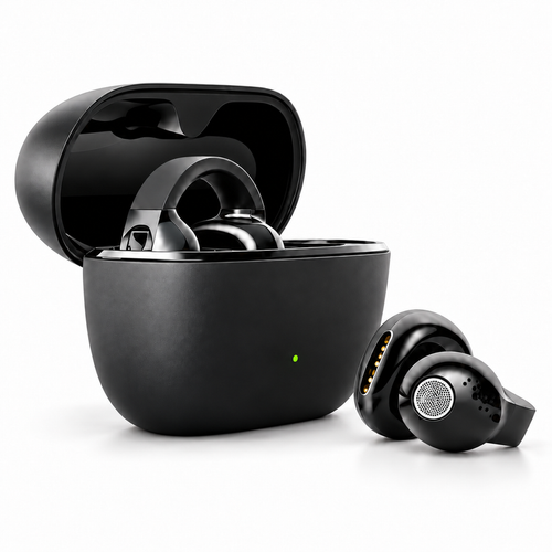 Auriculares preto com caixa de carregamento