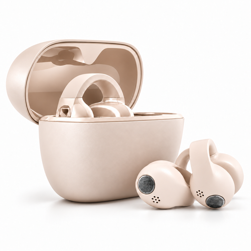 Auriculares bege com caixa de carregamento